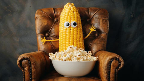 Funny Corn Cob Character Watching Movie Eating Popcorn Loop