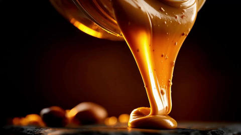 Thick Golden Caramel Syrup Pouring Down