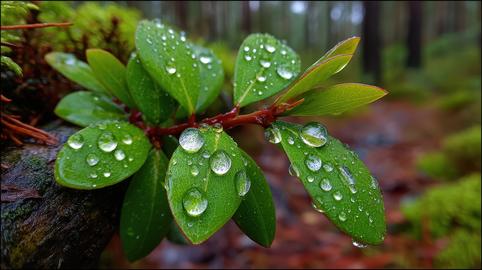 Fresh, green leaves glisten with rainwater drops in this close-up, showcasing nature's beauty