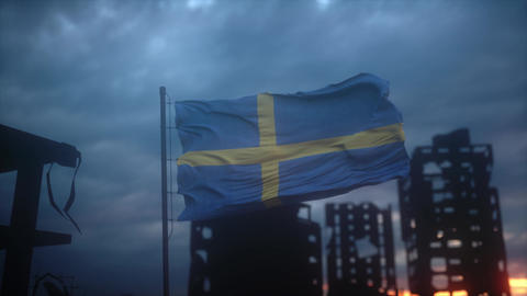 Dramatic Sweden Banner Against Ruined Urban Skyline and Dark Clouds