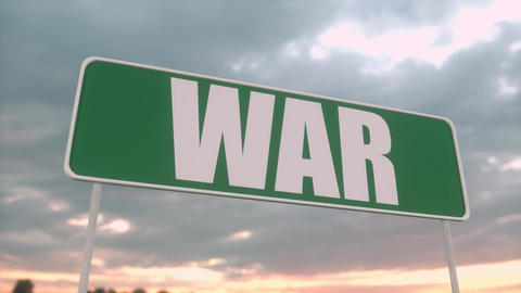 Conceptual Highway Billboard Displaying War Text at Stormy Sunset