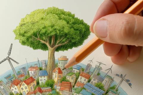 Hand Holding Pencil Sketching Colorful House Designs Surrounded by Nature and Wind Turbines