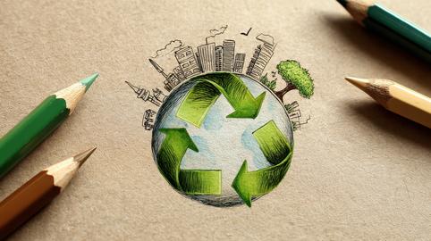 Eco Dream City Hand Drawn on Kraft Paper with Recycle Symbol and Urban Landscape Illustration
