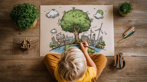 Child Sitting Cross-Legged on Floor Sketching Imaginative Landscape with Tree and City Elements