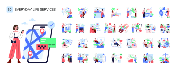 Everyday Life Services Vector Illustration Set
