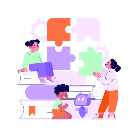 Children Solving Puzzle with Books Vector Illustration