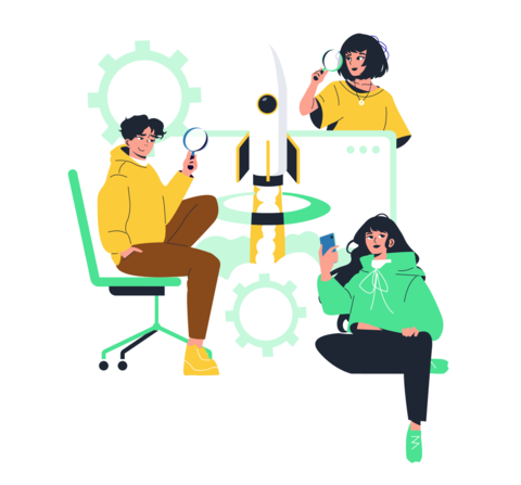 Team Collaborating on Rocket Launch Vector Illustration