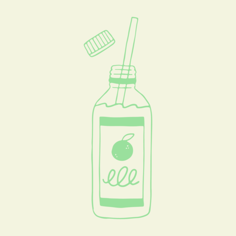 Hand drawn vector of an orange juice glass bottle with an open cap and a