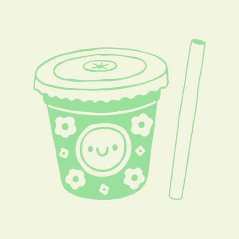 Hand drawn vector of a cute iced coffee takeaway cup with a smiley face and a