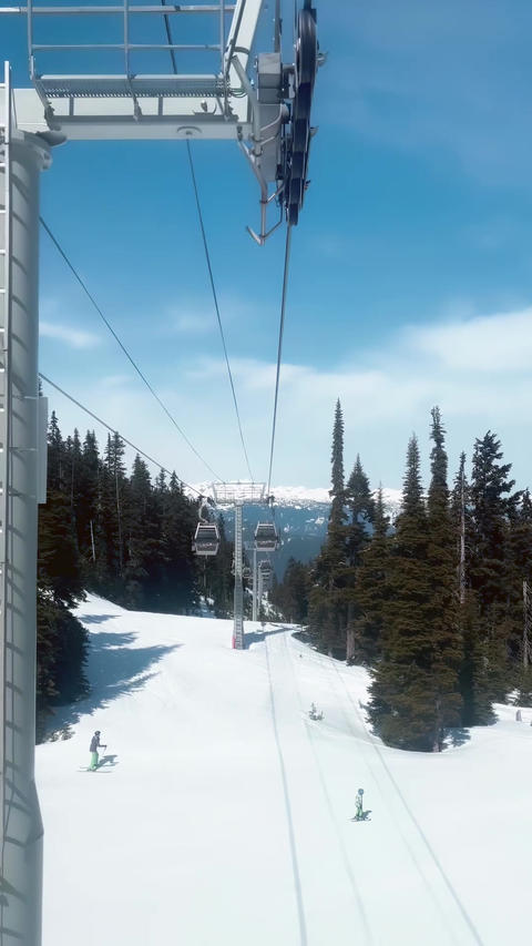 Ski Lift Ride Over Snowy Mountain Forest with Cable Cars and Alpine Landscape