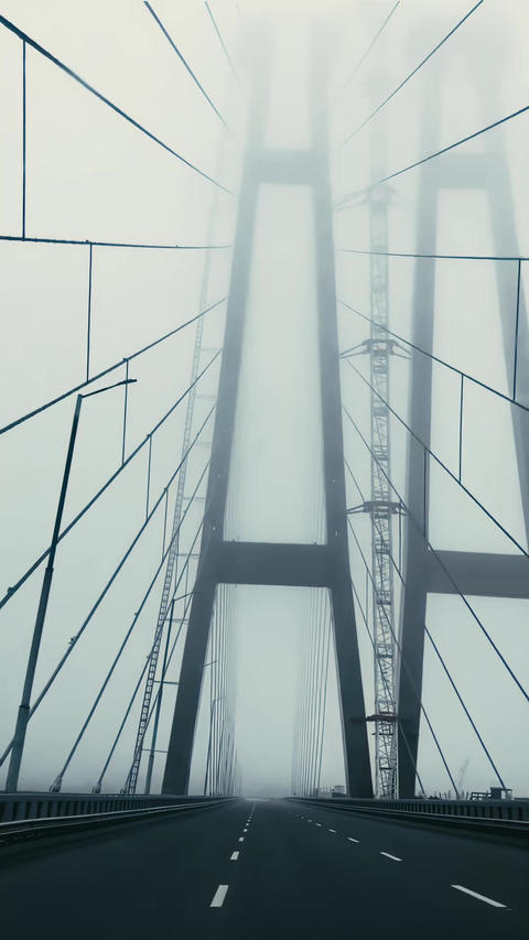 Cinematic vertical shot of a massive bridge disappearing into thick fog