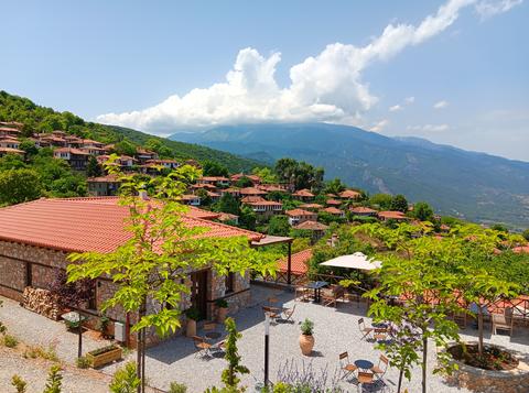 View of traditional stone village Palaios Panteleimonas, Greece