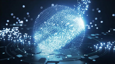 abstract rotating digital sphere or globe with data particles animation
