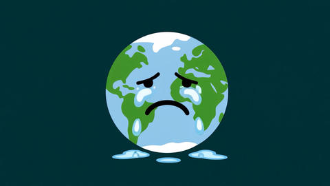 Animated planet earth with a sad face crying tears and melting representing climate change