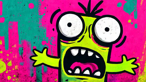 green animated cartoon monster screaming in panic on vibrant graffiti background