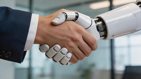 Human businessman and AI robot shaking hands. Business handshake symbolizing partnership between