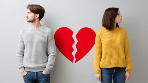 breakup or divorce concept with couple walking away from each other leaving behind broken heart