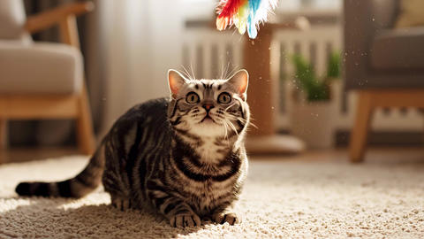 Playful tabby cat catching a feather toy indoors