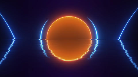 Minimal neon sunset with glowing orange orb, blue arcs and mirrored reflection on dark water