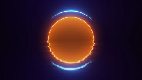 Neon sunset orb with blue arc reflection on dark water. Futuristic abstract seascape with glowing