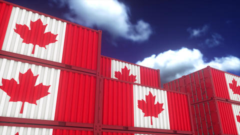 Canadian Flag Shipping Containers Stacked Under Bright Cloudy Blue Sky