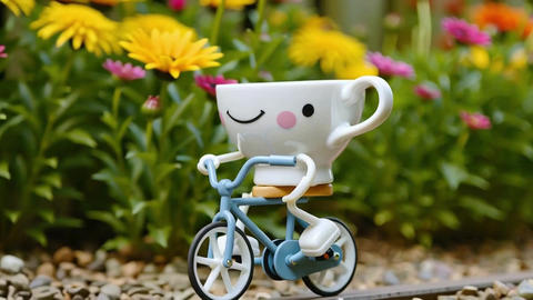Cute Cup Character Riding A Small Bicycle In A Garden