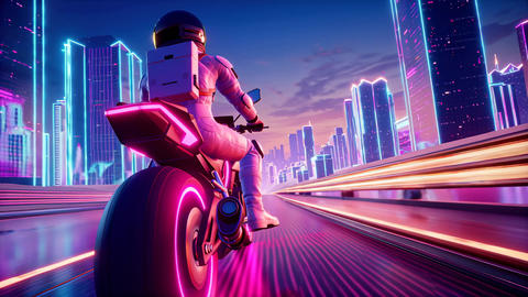 Futuristic Robot Riding A Pink Motorcycle In A Cyberpunk City