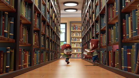 Tall Bookshelves In A Large Library With A Small Character