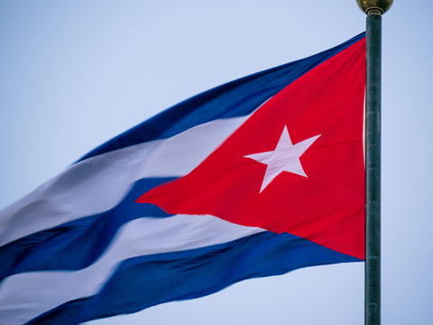 Cuba Flag Waving on flagpole, close up