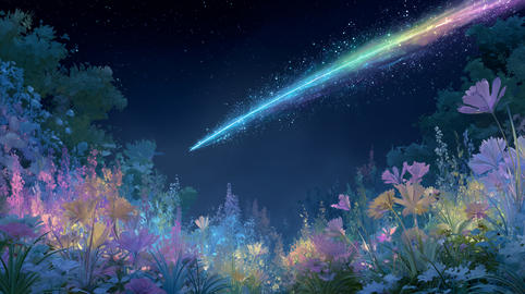 Vibrant Shooting Star with Rainbow Trail Over Night Flower Garden