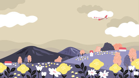花畑の広がる草原と山の風景の上を飛行機が静かに飛ぶ、雲がやさしく漂う可愛いイラストアニメーション動画 - 6