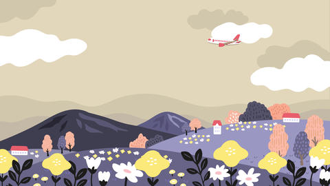 花畑の広がる草原と山の風景の上を飛行機が静かに飛ぶ、雲がやさしく漂う可愛いイラストアニメーション動画 - 7