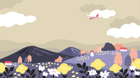 花畑の広がる草原と山の風景の上を飛行機が静かに飛ぶ、雲がやさしく漂う可愛いイラストアニメーション動画 - 8