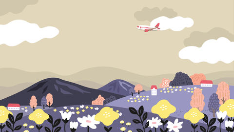 花畑の広がる草原と山の風景の上を飛行機が静かに飛ぶ、雲がやさしく漂う可愛いイラストアニメーション動画 - 9