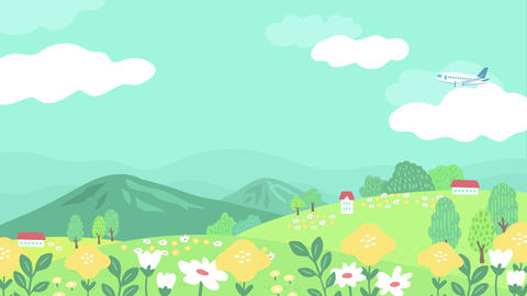 花畑の広がる草原と山の風景の上を飛行機が静かに飛ぶ、雲がやさしく漂う可愛いイラストアニメーション動画 - 1