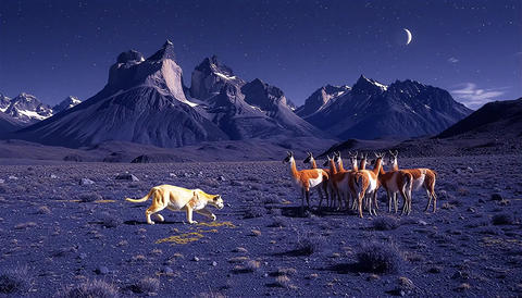 Puma stalking to a herd of guanaco at night 002