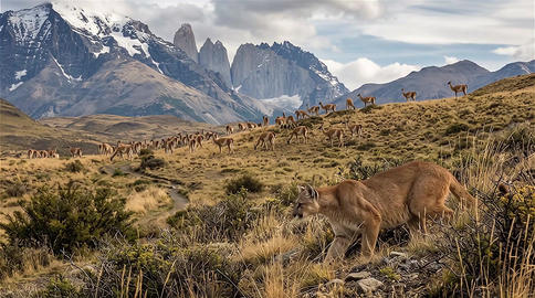 Puma stalking to a herd of guanaco In Torres del Paine National Park 001