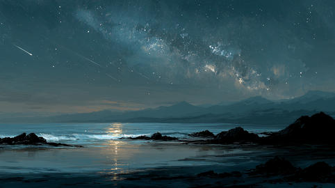 Bright shooting star over a calm dark ocean with milky way galaxy