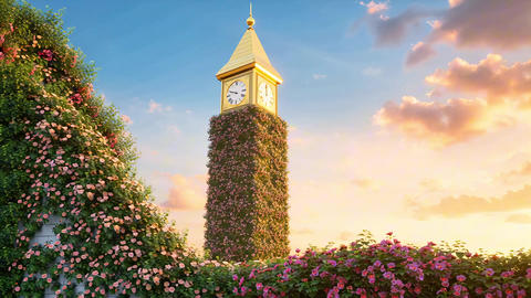 Tall Clock Tower Made Of Greenery And Flowers