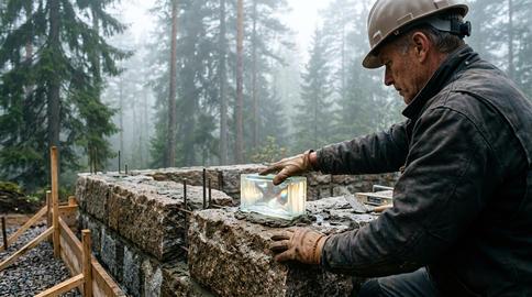 Architect places glass brick for stable business foundation