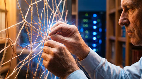 Artisan hands adjusting 3d string art network for it services