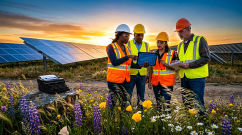 Engineers study tablet in solar field for green energy planning