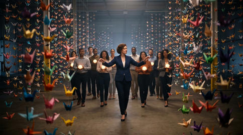 Executive leads team with light orbs in warehouse for leadership