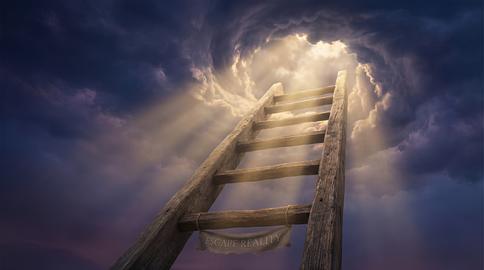 Escape Reality Wooden Ladder Ascending Into Glowing Dramatic Clouds