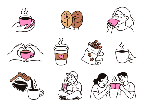 Coffee-themed illustration featuring various elements like cups, beans, and people enjoying