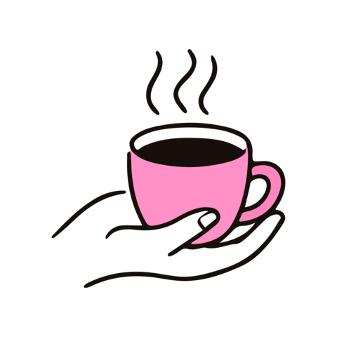 Hand holding a pink coffee cup with steaming black coffee, simple line art illustration