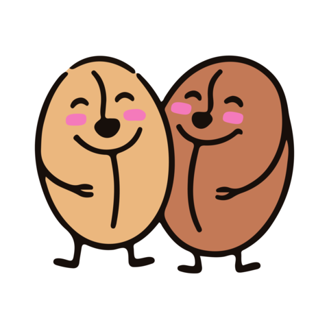 Two cartoon coffee beans with smiling faces and arms embracing each other