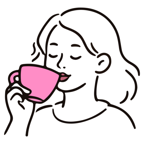 Illustration of a woman with long hair enjoying a hot beverage from a pink cup, with steam rising