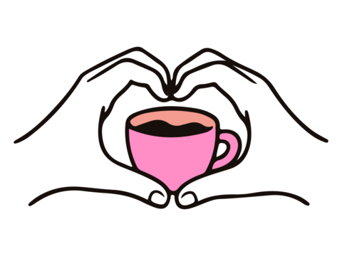 Two hands forming a heart shape around a pink coffee cup filled with dark beverage, illustrated in a