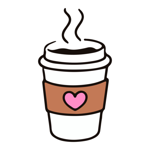 Illustrated coffee cup with steam rising, featuring a brown sleeve with a pink heart, set against a